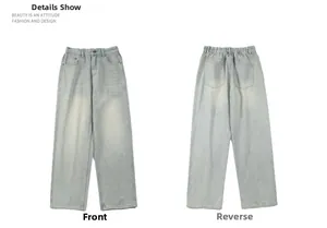 Detailed front and back view of light blue washed loose fit straight leg denim pants