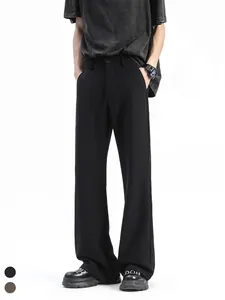 Men American High Street Micro Flare Wide Leg Pants Summer Ice Silk Draping Casual Straight Trousers Solid Color