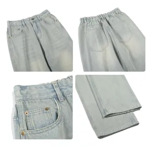 Detailed views of light wash denim jeans featuring elastic waistband and metal hardware