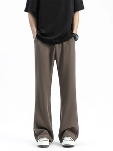 Men's brown loose straight leg trousers with high drape ice silk fabric and baggy fit