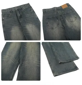 Vues détaillées d'un jean bleu foncé délavé avec décoloration vintage et coutures