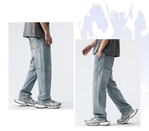 Détail du jean denim bleu clair montrant la couture en V sur la poche arrière