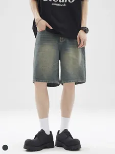 Men's Retro Washed Denim Shorts Loose Straight Wide Leg Five-Point Pants Vintage Distressed Streetwear Casual Cotton Shorts