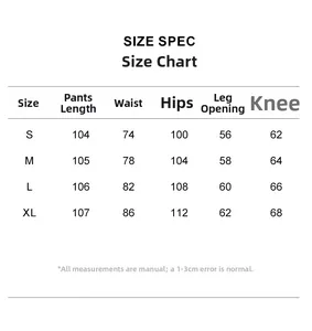 Detailed size chart for straight-leg trousers with specific measurements from S to XL
