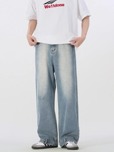 Vintage light blue straight leg jeans with American retro wash and whiskers details