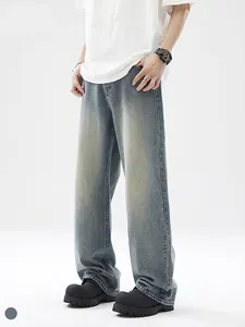 Jean Denim Délavé Bleu Glacé Rétro Américain pour Hommes Jambe Droite Large Streetwear Décontracté Mode Pantalons Longs