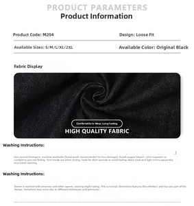 Size chart and washing care instructions for loose fit black vintage denim jeans