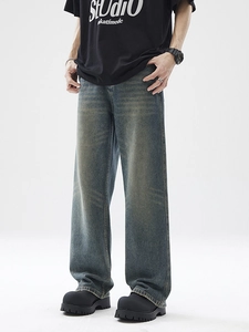 Jeans Homme Streetwear Rétro Américain Coupe Large Jambes Larges Lavage Rétro Effet Usé Moustaches Coton Denim Pantalon High Street