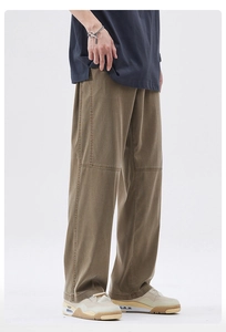 Detail shot of khaki wide-leg casual pants showing knee stitching and workwear texture