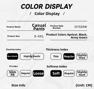 Size guide and color selection chart for men's casual linen pants featuring detailed specs