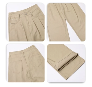 Detail view of khaki wide-leg trousers showing waist buttons, pockets and hem stitching