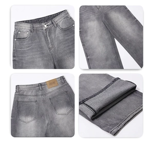 Détails de jeans gris délavés montrant doublure polaire, coutures et étiquette en cuir