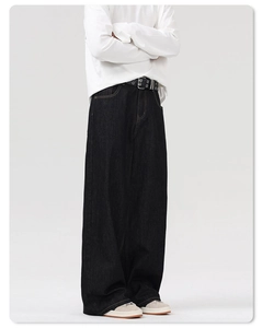 Detailed close-up of wide-leg black denim jeans featuring a high-waist straight-cut fit