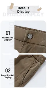 Detail view of khaki casual pants showing elastic waistband and front pocket design