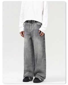 Jean gris délavé coupe décontractée pour homme et femme avec ceinture style rétro US