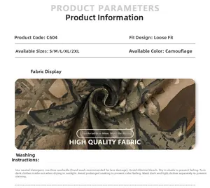 Close-up of durable branch camouflage twill fabric on loose-fit outdoor cargo pants