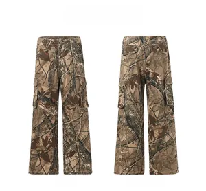 Front and back views of American retro tree branch camouflage cargo pants in a loose fit