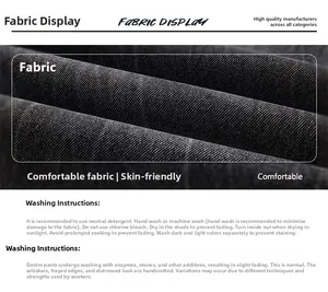 Detailed view of dark grey twill denim fabric texture and professional wash care instructions