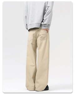 Rear view of khaki wide-leg casual pants showing high-quality cotton twill texture