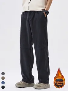 Men Fleece Lined Lyocell Blend Casual Straight Leg Pants Solid Color Warm Winter Loose Stitching Detail Fashion Trousers