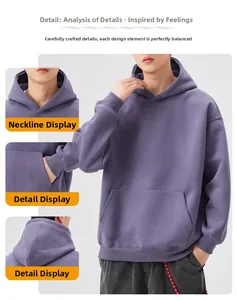 Detail view of purple heavy cotton hoodie with kangaroo pocket and ribbed cuffs