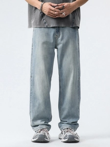 Jeans en Mélange de Coton Lyocell Bleu Clair pour Hommes Coupe Large Jambe Droite Pantalon en Denim Délavé Streetwear Été Mince