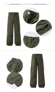 Dettaglio dei pantaloni cargo verde militare con cuciture, bottoni e tasche ampie