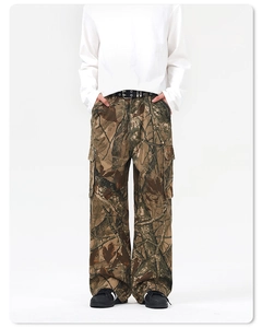 Detail of cargo pants showing camouflage pattern and side flap pockets on the leg