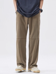 Men's relaxed straight-leg casual cotton pants in retro military green with elastic waist
