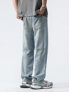 Jean en denim Tencel bleu clair pour homme, coupe décontractée avec détail d'étiquette au dos