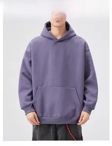 Detailed front view of a relaxed dusty purple hoodie with a spacious kangaroo pocket
