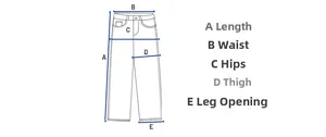 Size chart showing pants length, waist, hip, thigh, and leg opening measurement guide