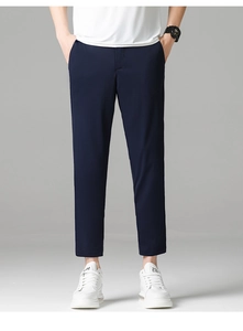 Detail view of navy blue ice silk business trousers with slim fit and straight leg cut