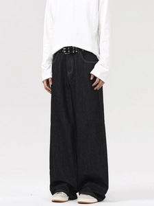 Jean denim noir rétro pour homme à coupe large et décontractée avec ceinture à œillets