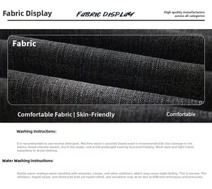 Detailed fabric texture of dark grey denim with washing care instructions and guidelines
