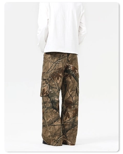 Detail view of American vintage branch camouflage cargo pants with large side pockets
