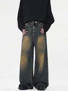 Herren Retro Gewaschene Weite Bein Jeans Distressed Dirty Yellow Gerade Denim Hose High Street Fashion Locker Lässig