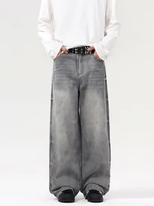 Jeans Homme Vintage Gris Fumée Délavé Jambe Large Usé Coupe Droite Coton Denim Streetwear Rétro Baggy Denim Pantalons