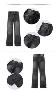 Detail view of retro washed black flared jeans featuring bamboo texture and seagull stitching