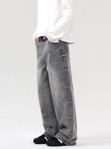 Jean vintage gris délavé à coupe large en coton de haute qualité avec texture usée