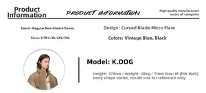 Detailed size chart and specifications for wide-leg flared jeans in blue and black colors