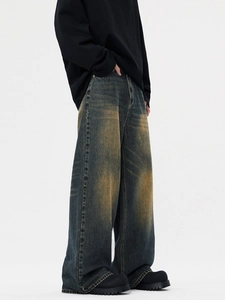 Vintage-Waschung American High Street Jeans mit weitem Bein aus vergilbtem Denim