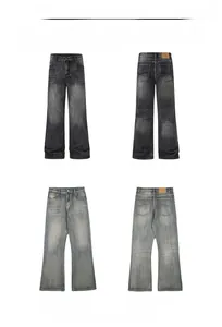 Detailed views of washed flared jeans in smoke black and retro blue with whiskering