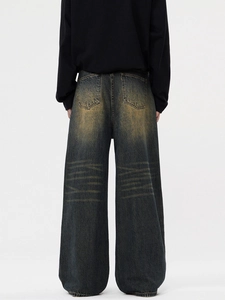 Herren Vintage-Jeans in Grau mit weitem Bein und verwaschenem Gelbschlamm-Effekt