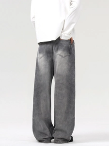 Jean large vintage gris délavé pour homme avec finition rétro et coupe droite style décontracté