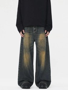 Herren-Jeans mit weitem Bein im Vintage-Wasch-Look mit gelben Distressed-Effekten im High-Street-Stil
