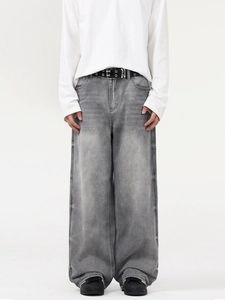 Jean vintage gris délavé à jambes larges pour homme avec ceinture à double œillets