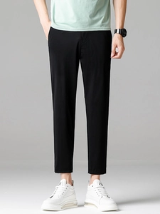 Men's slim fit black cropped trousers in ice silk fabric for business casual summer wear