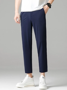 Men's slim fit navy blue business casual trousers in lightweight ice silk fabric