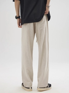 Men's light khaki linen casual pants with straight fit and back pocket detail